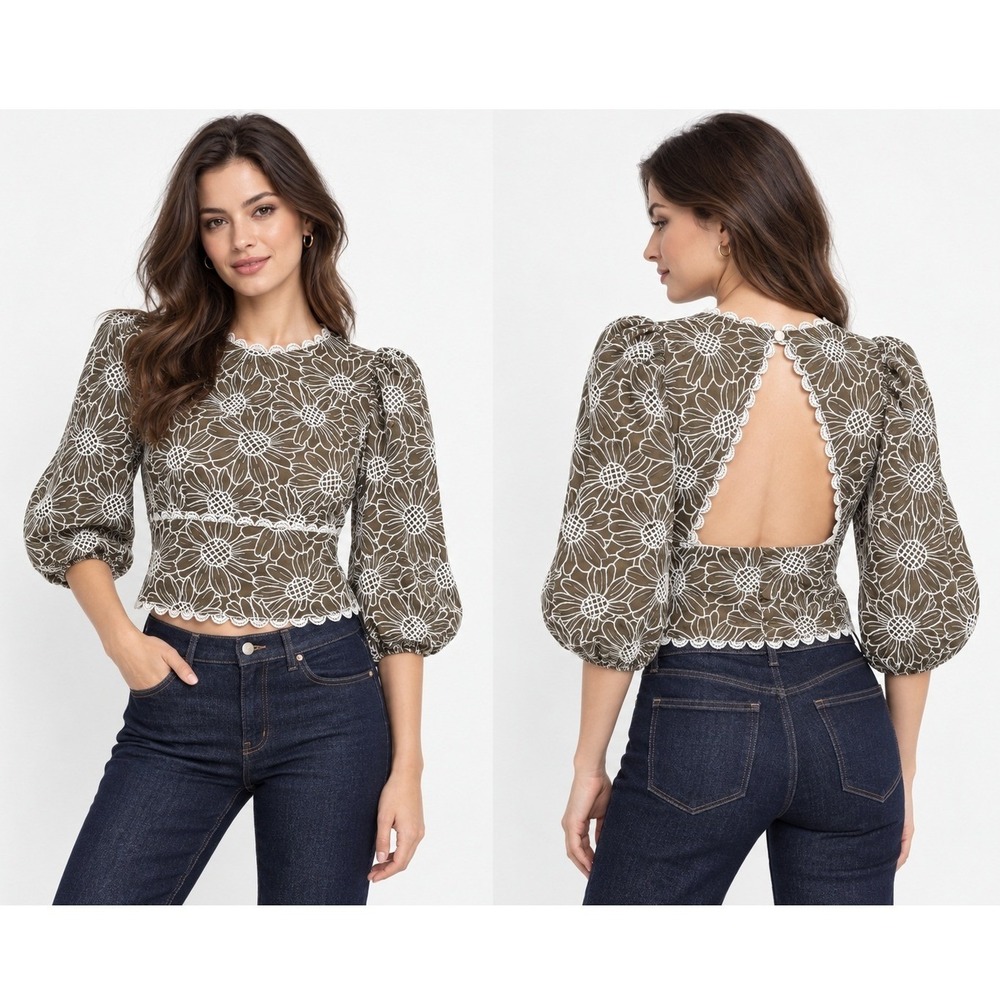Express‎ Olive Green Floral Eyelet Puff Sleeve Open Back Top Medium